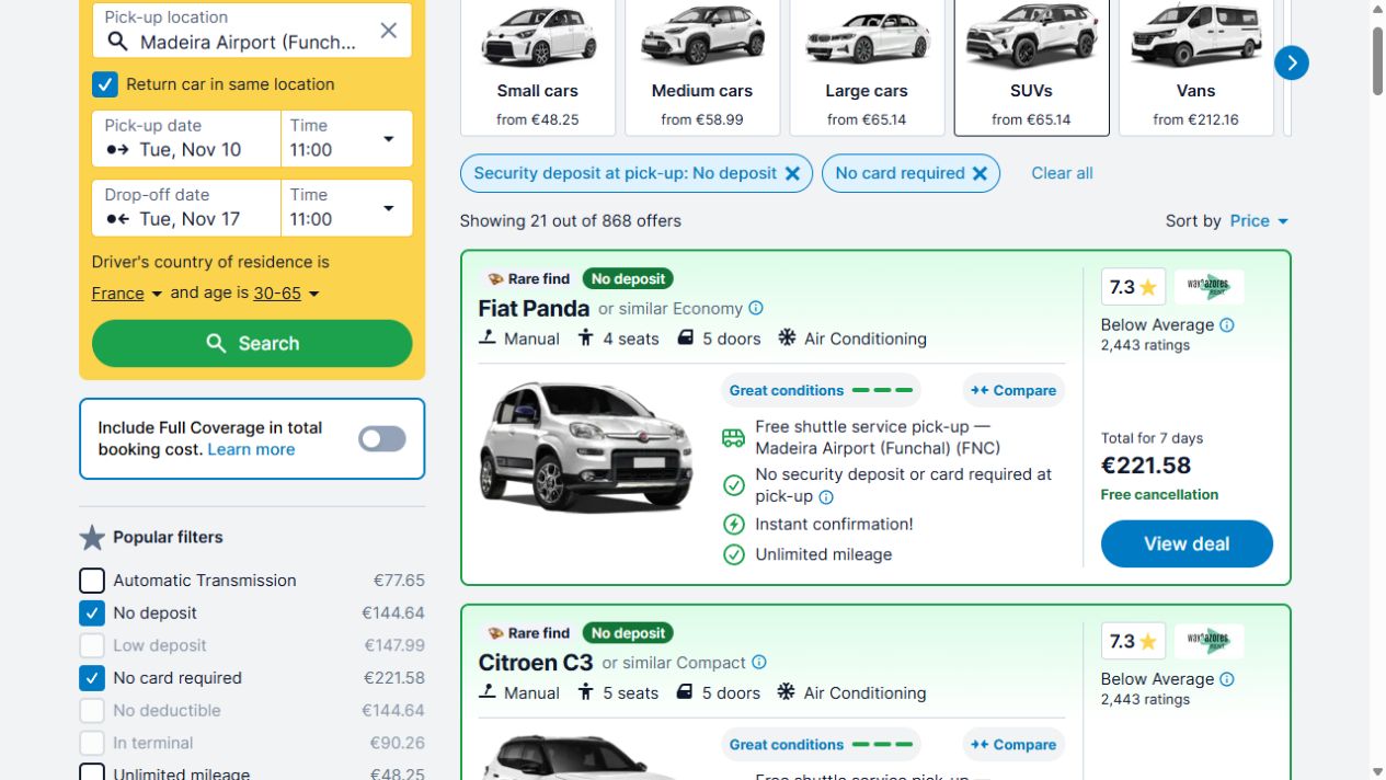 Recherche à Madère avec No deposit et No card required activés, Fiat Panda à 221,58 euros